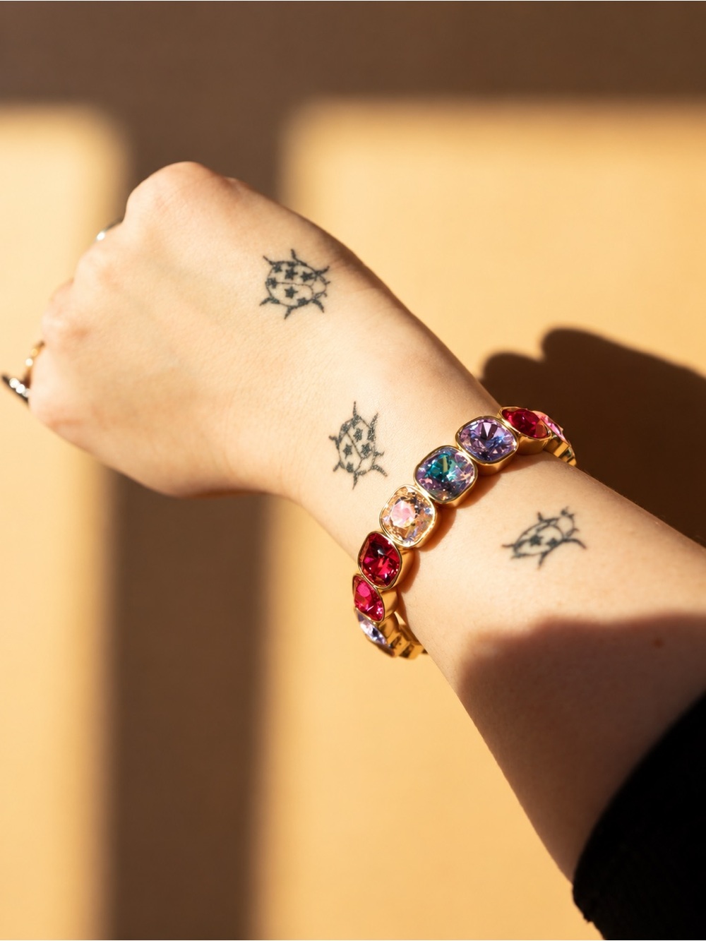 Gold Plated Red Purple Mixed Cushion Cut Rhinestone Stretch Tennis Bracelet